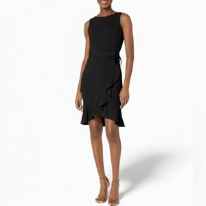 Calvin Klein Cocktail Sheath Dress 12 Sleeveless Fitted Black Belted Ruffled Hem